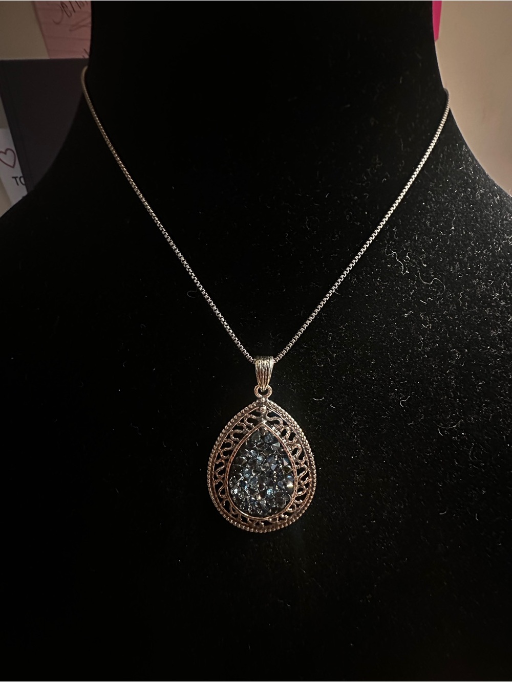 Opulenza Silver Teardrop Pendant Necklace with Blue Druzy Accent
